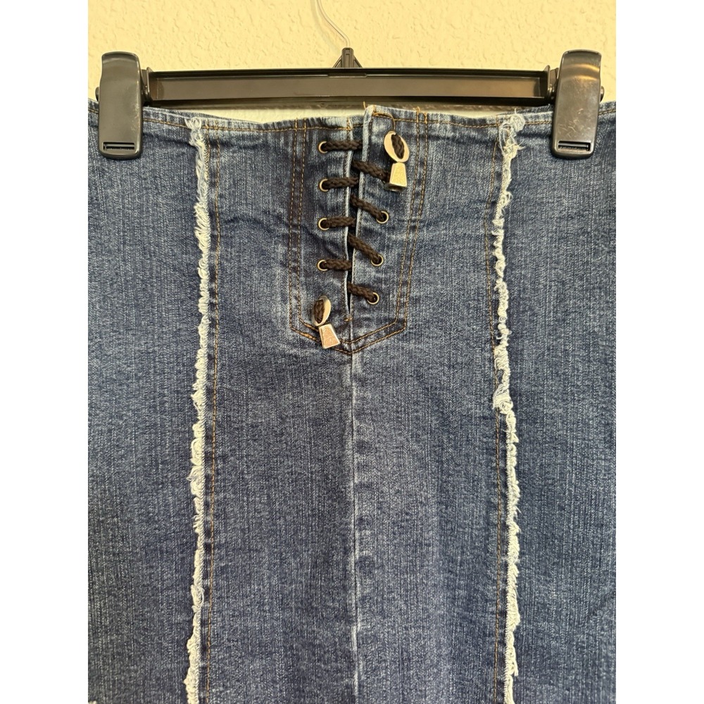 VTG Lace UpDenim Mini Skirt Y2K Size Med Boho Festival Raw Hem 90s Grunge - Picture 4 of 10
